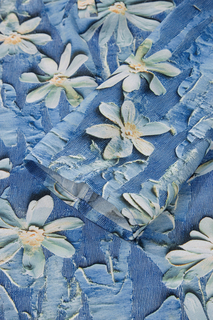 Sky Blue Fall Floral Half Placket Collared V Neck Blouse