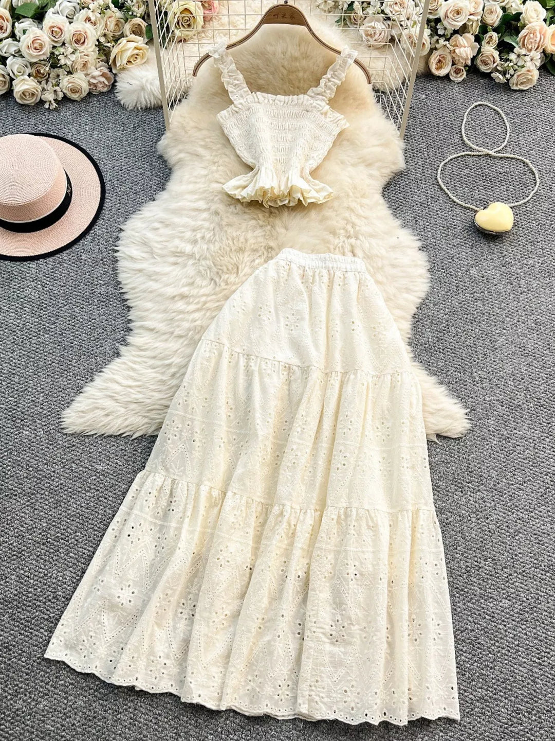 Smocked Crop Top and Hollow-Out Skirt Set