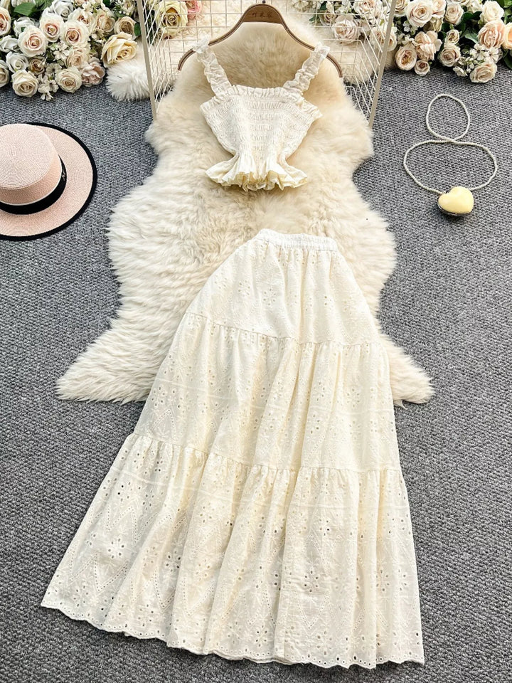 Smocked Crop Top and Hollow-Out Skirt Set