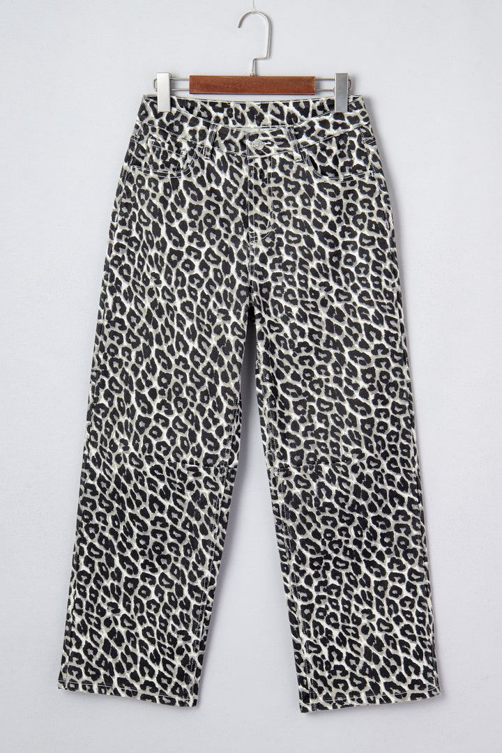 Black Leopard Print Barrel Jeans