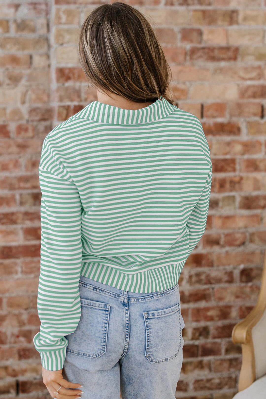 Green Stripe Quarter Zip Collar Pullover Long Sleeve Top