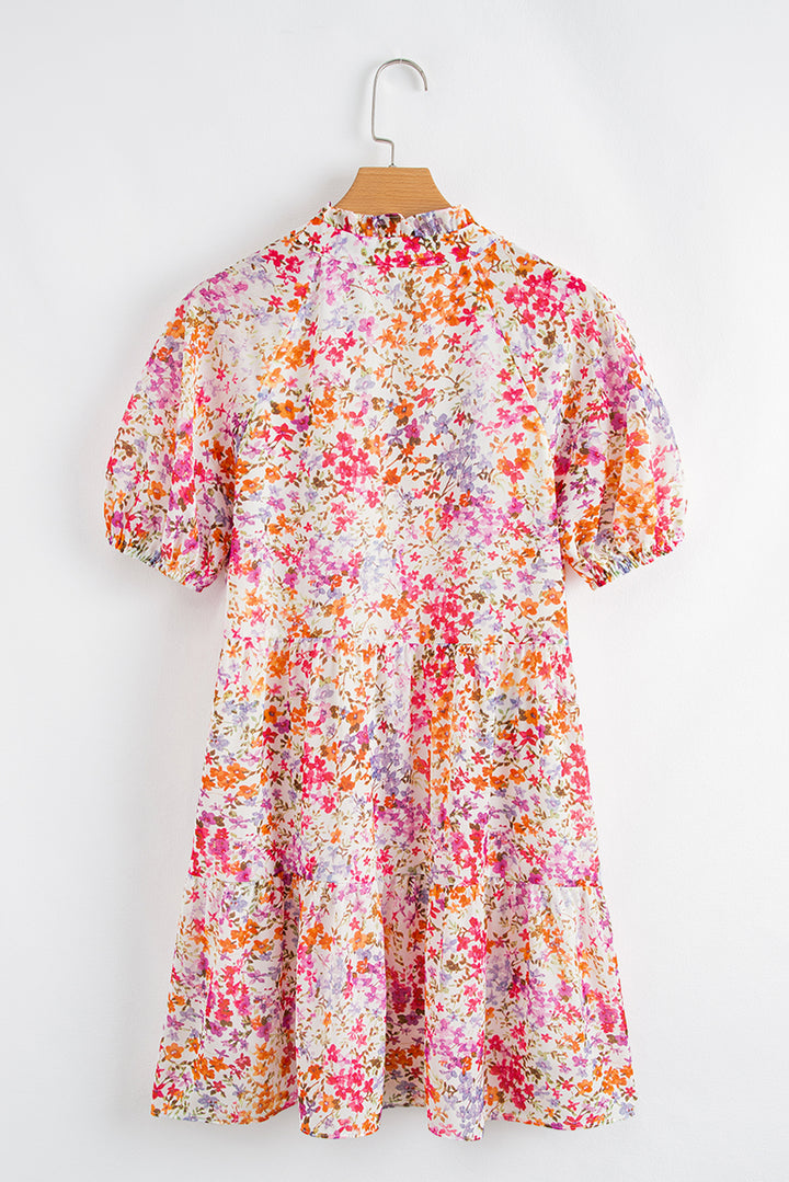 Red Floral Puff Sleeve Notched V Neck Tiered Mini Dress
