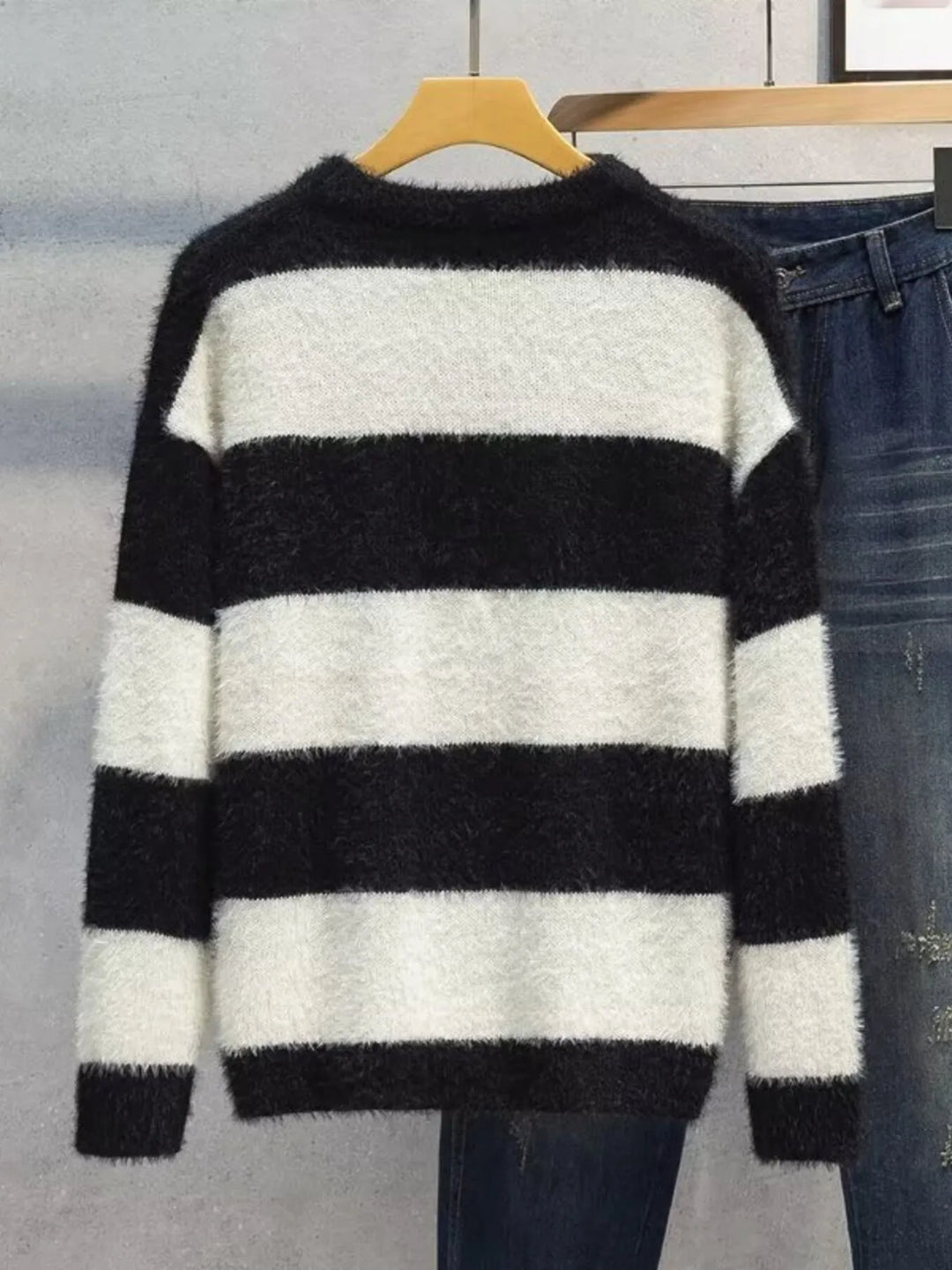Men's Plus Size Striped Fuzzy Knit Pullover Sweater