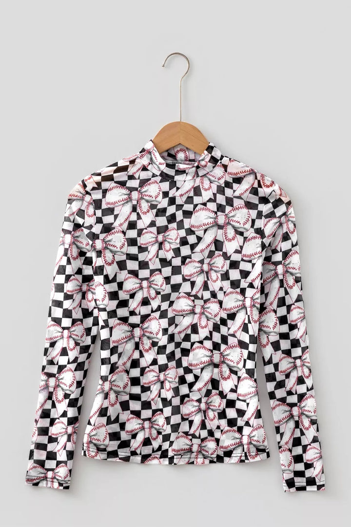 Checkered Baseball Bow Print High Neck Long Sleeve Mesh Top