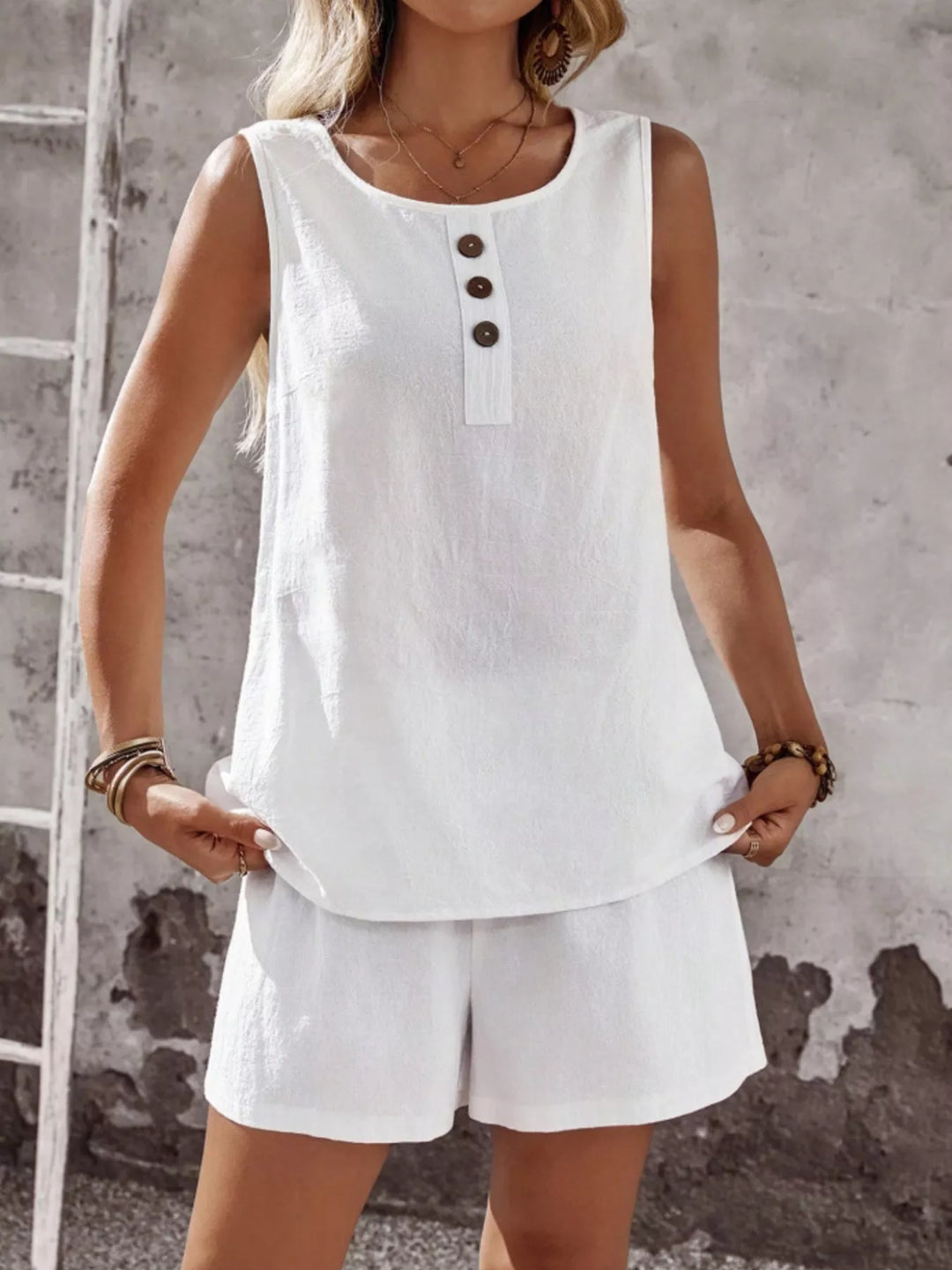 Decor Button Round Neck Tank and Shorts Set
