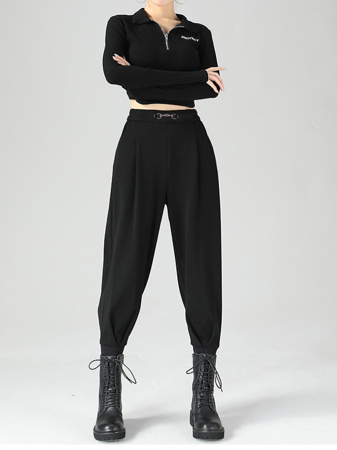 High-Waisted Buckle Detail Tapered Pants