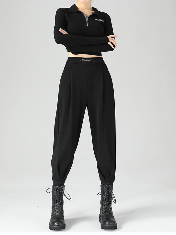 High-Waisted Buckle Detail Tapered Pants