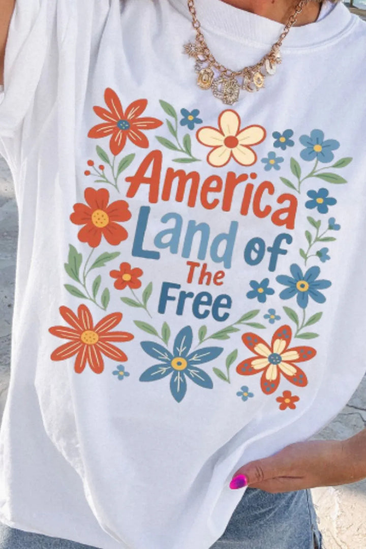 Patriotic Floral America Land of The Free Graphic T-Shirt