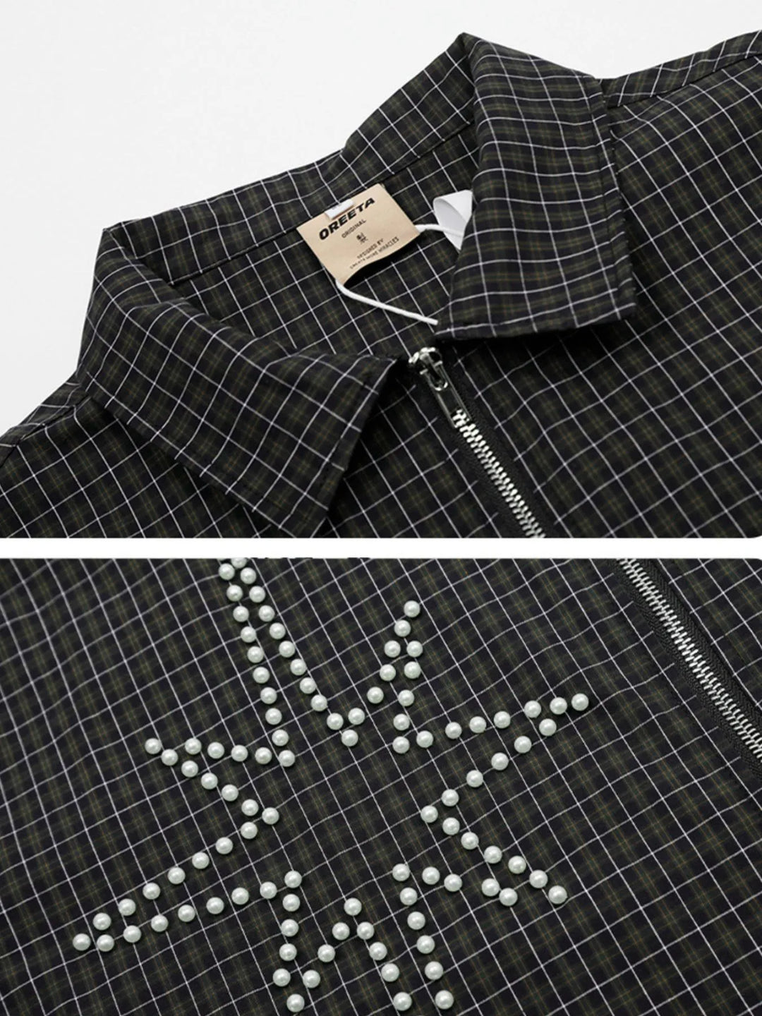 Men's Pearl Embellished Plaid Zip-Up Shirt