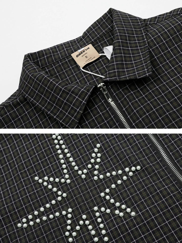 Men's Pearl Embellished Plaid Zip-Up Shirt
