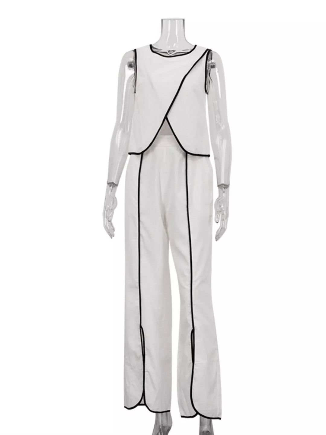 Contrast Trim Sleeveless Top and Wide-Leg Pants Set