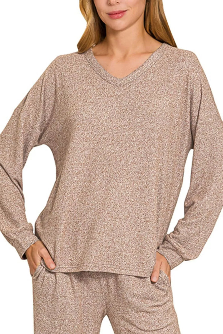 Zenana Soft Melange Long Sleeve Tee & Pants Set