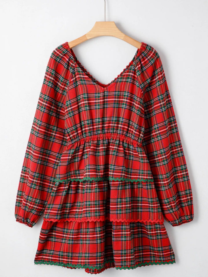 Plaid Print Ricrac Tiered Bubble Sleeve Mini Dress