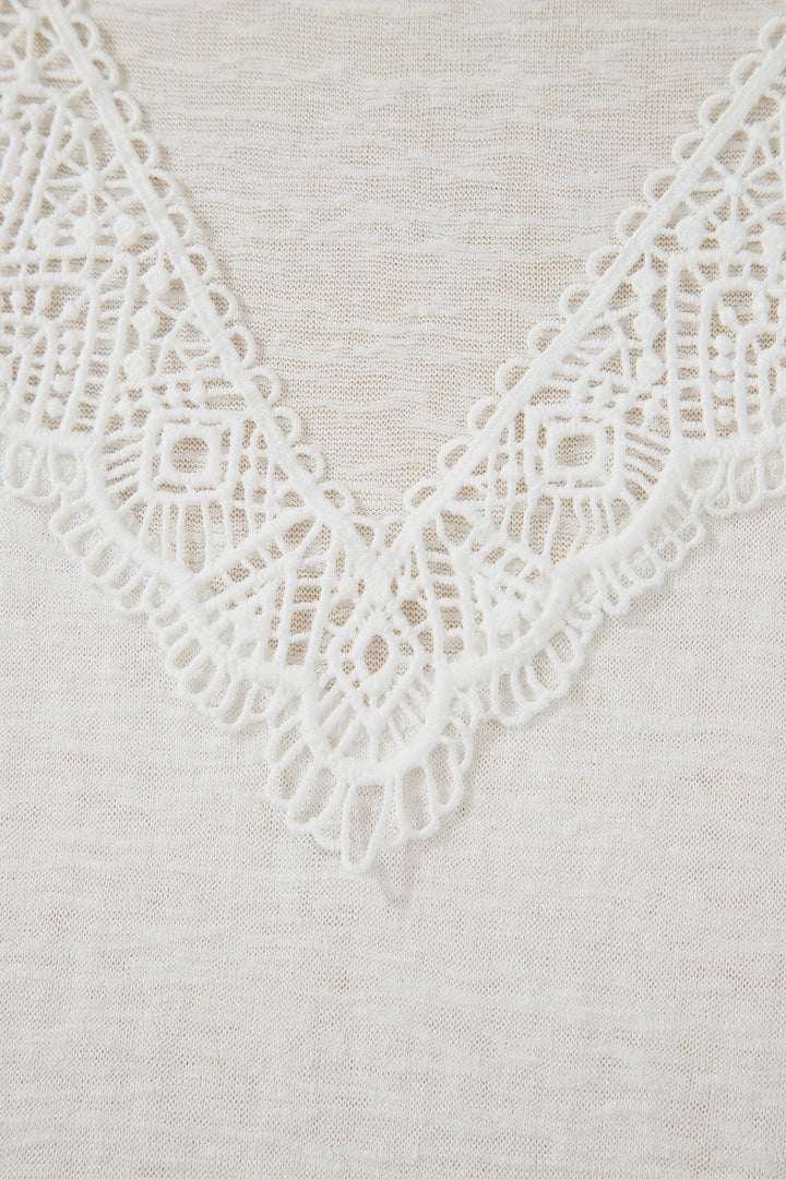 White Hollowed Lace Splicing V Neck T Shirt