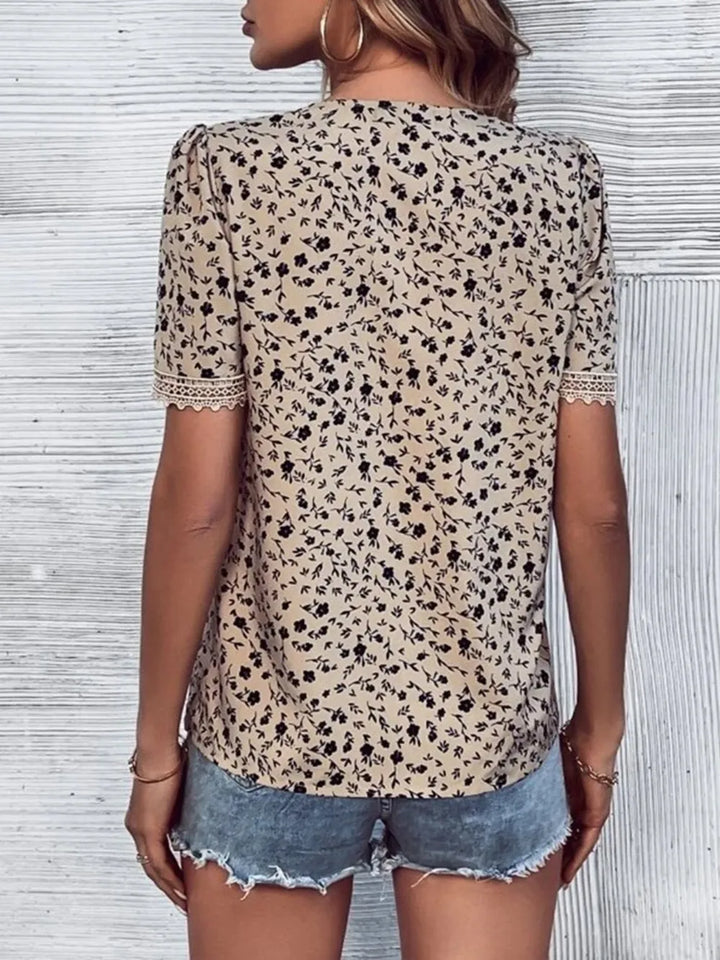 Full Size Printed V-Neck Short Sleeve Blouse