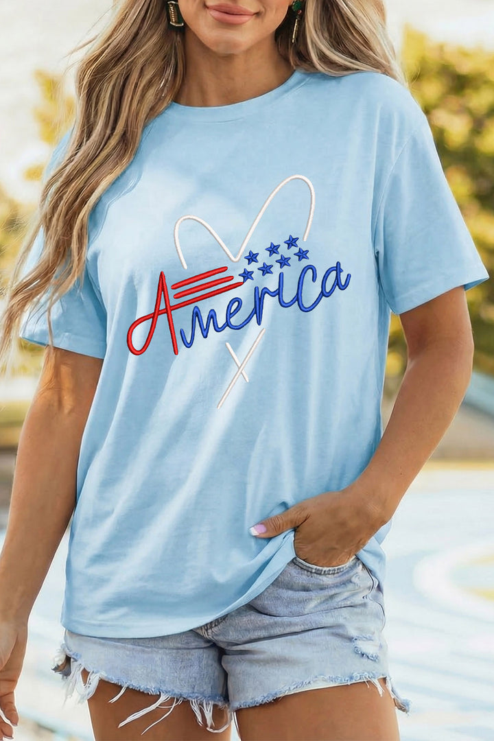 Light Blue Love America Embroidered Graphic Tee