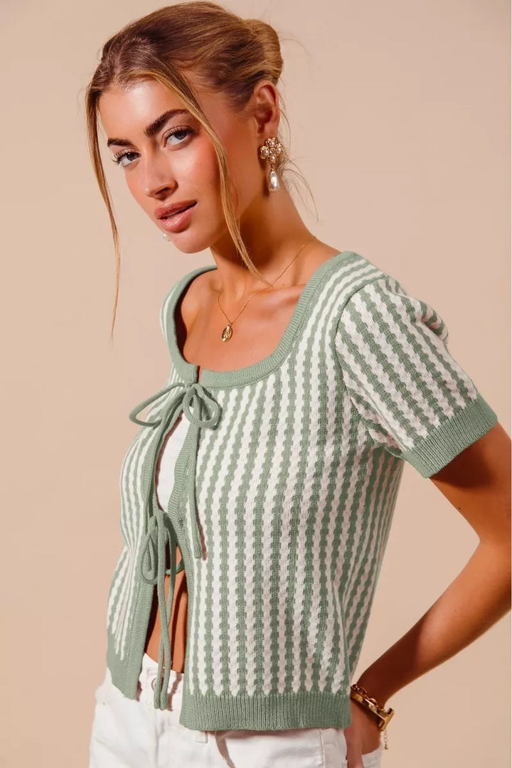 SO ME Tie Front Textured Vertical Stripe Knit Cardigan