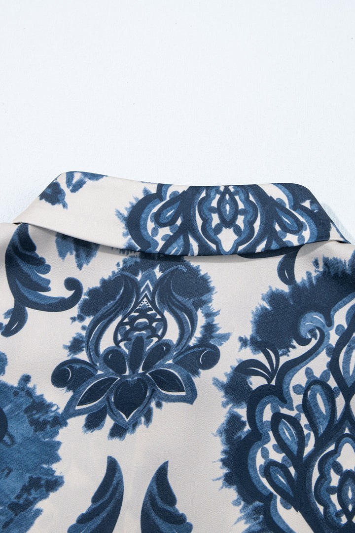 Blue Boho Floral Print Buttoned Collared Loose Fit Mini Dress