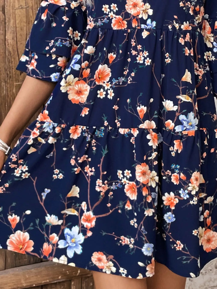Floral Print Ruffle Sleeve Tiered Mini Dress