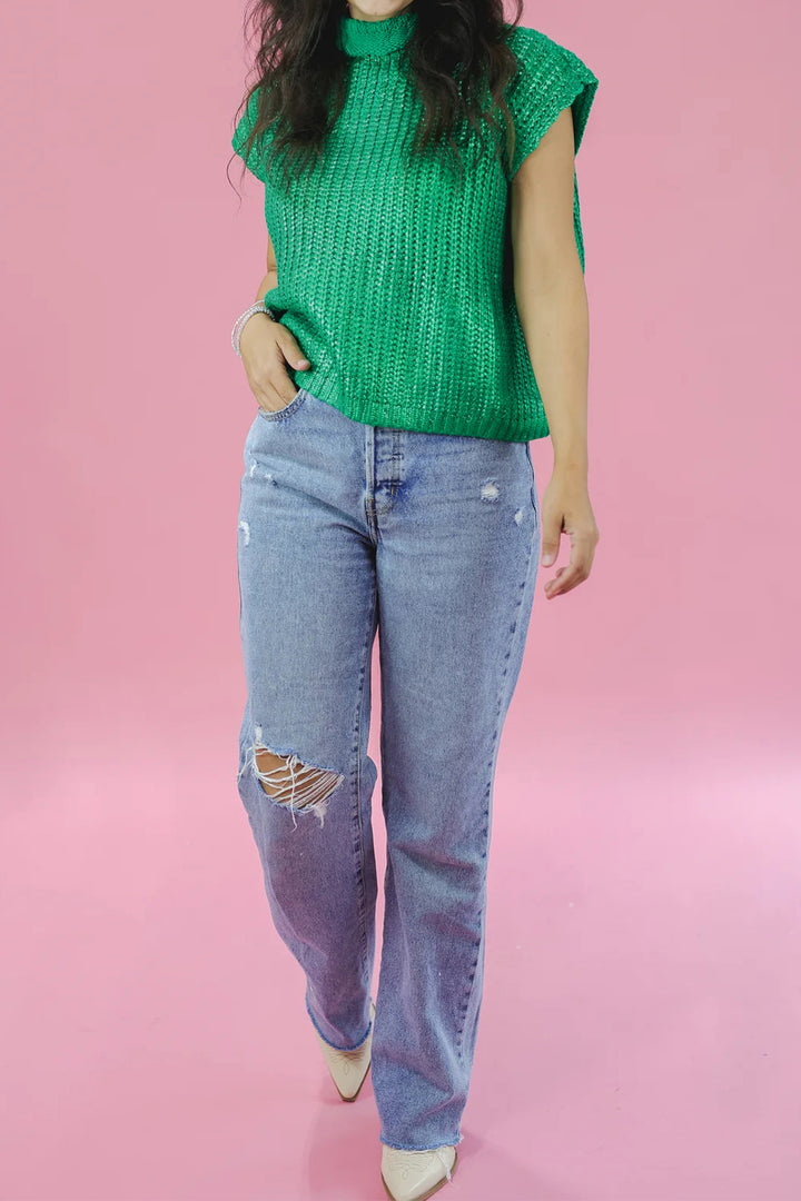 Bright Green Solid Color Knit High Neck Short Sleeve Sweater