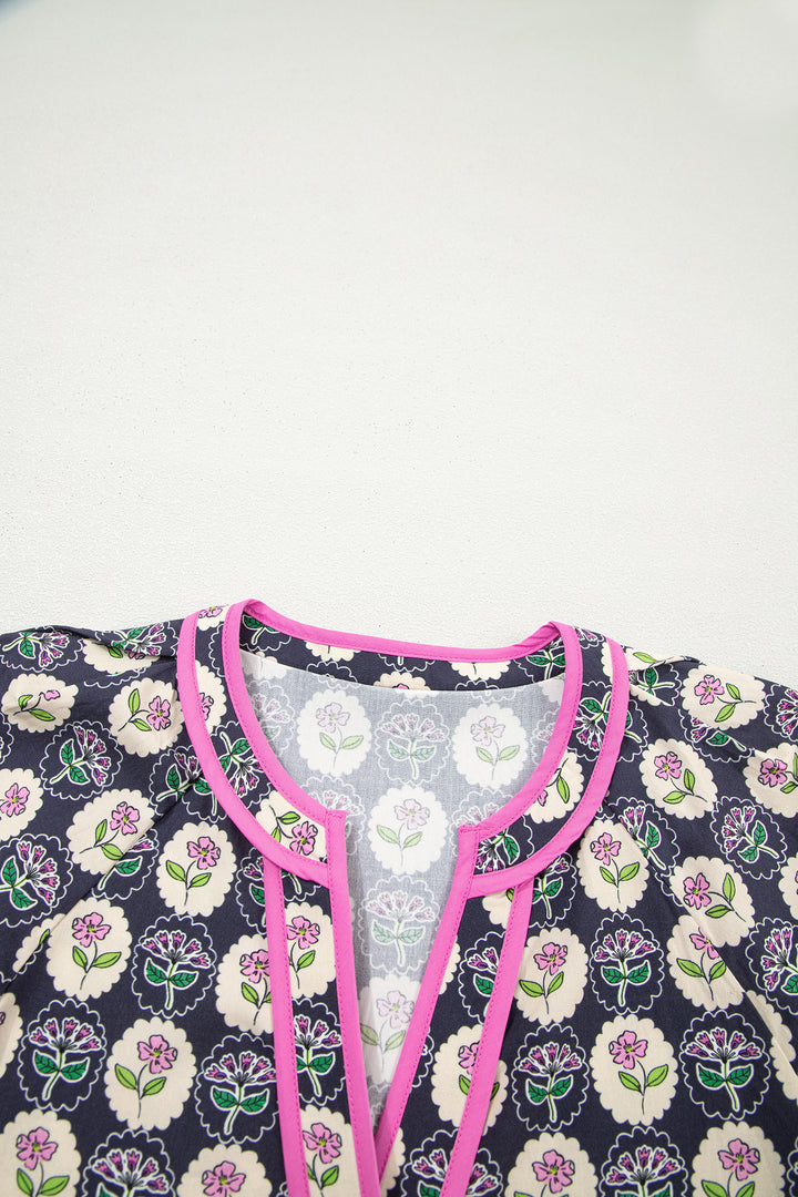 Blue Striped Trim Short Sleeve Vintage Floral Shift Dress