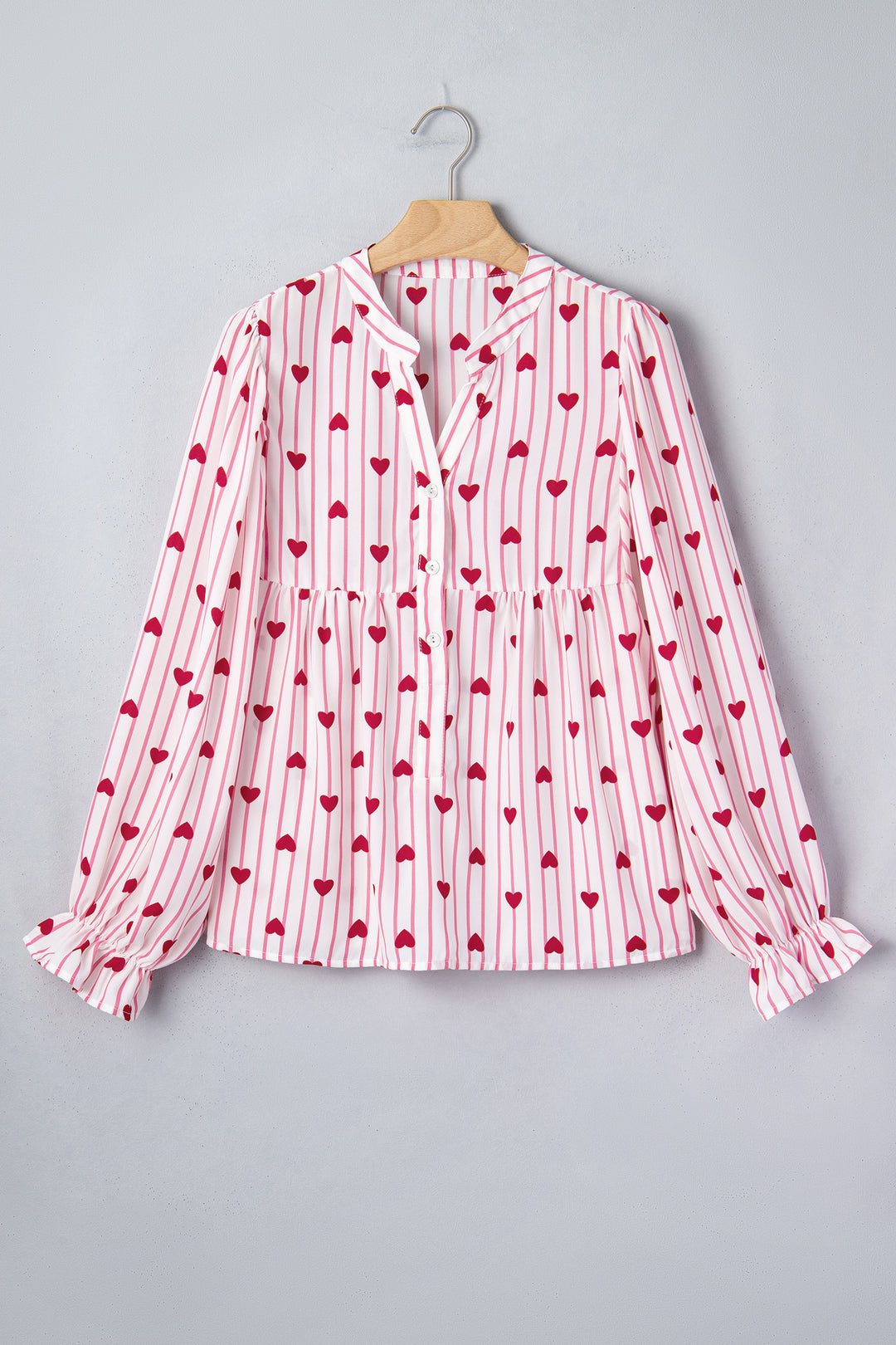 Pink Stripe Textured Heart Print Long Flounce Sleeve Shirt