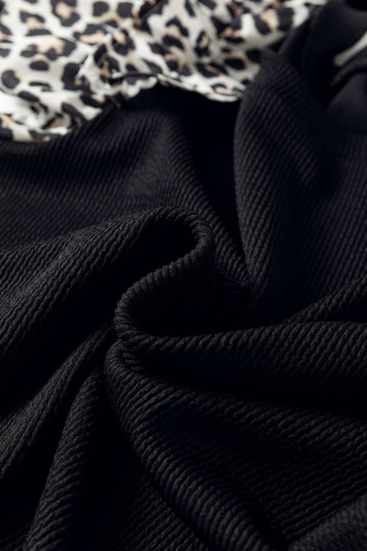 Black Contrast Leopard Ruffled Short Sleeve Ribbed Knit Top