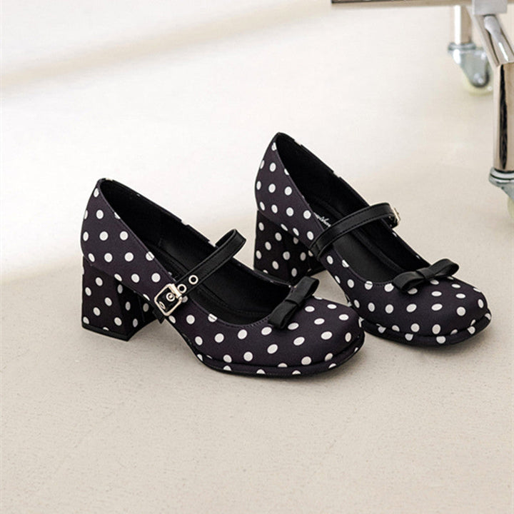 Fashionable Polka Dot Bow Mary Jane Shoes For Women In Spring, Sweet And Stylish, Thick Soled, Thick Heel, Single Button Small Fragrant High Heels