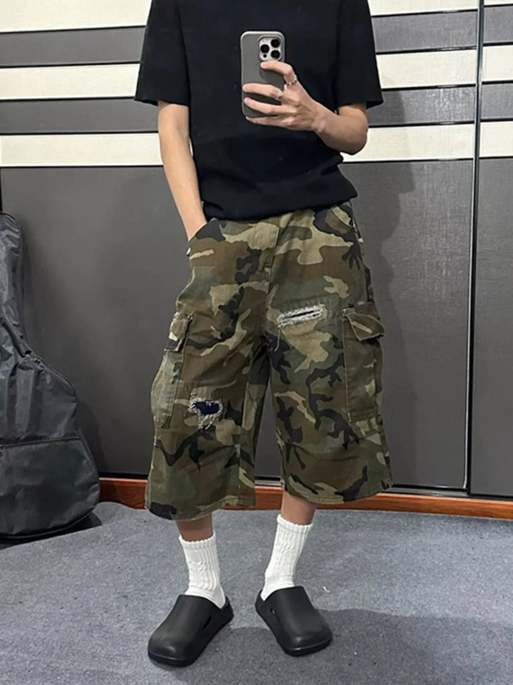 Men's Full Size Camouflage Cargo Denim Shorts with Distressed Details Plus Size