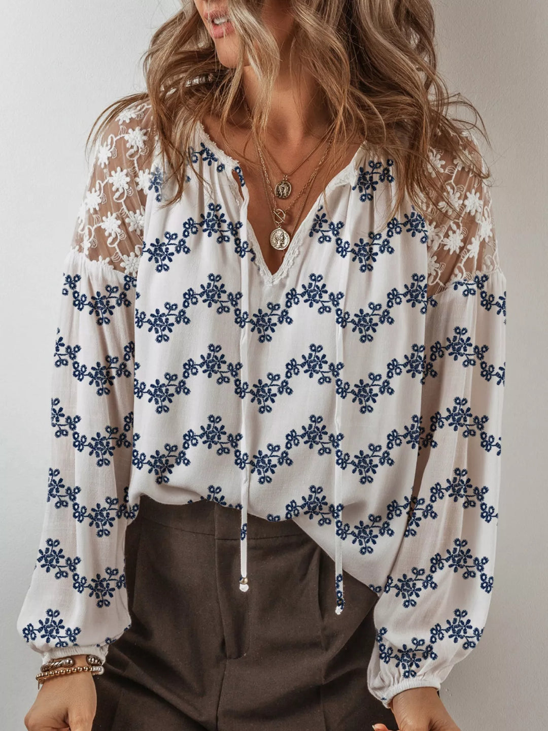 Printed Tie Neck Lace Long Sleeve Blouse
