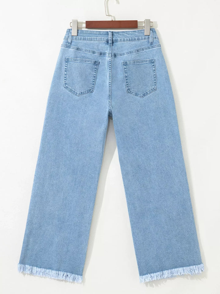 Colorful Sequin Christmas Tree Patched Raw Hem Cropped Wide Leg Jeans