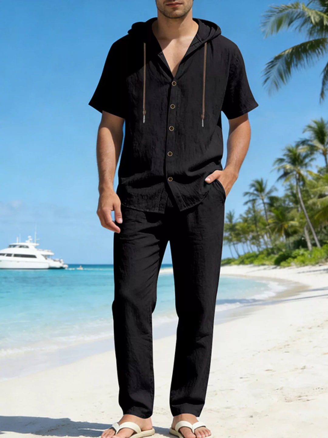Men's Full Size Button Up Hooded Top and Pants Set Plus Size