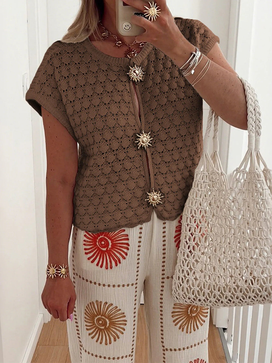 Crochet Short Sleeve Button Front Cardigan