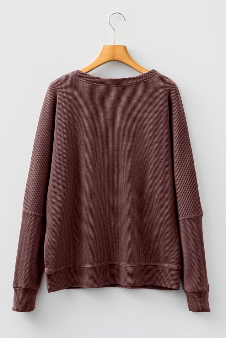 Dark Brown Waffle Knit Patchwork Long Sleeve Loose Top