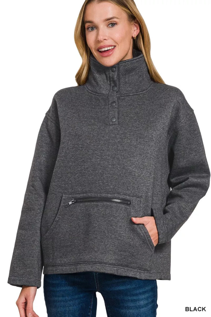 Zenana Fleece Washed High Neck Kangaroo Pocket Sweatshirt
