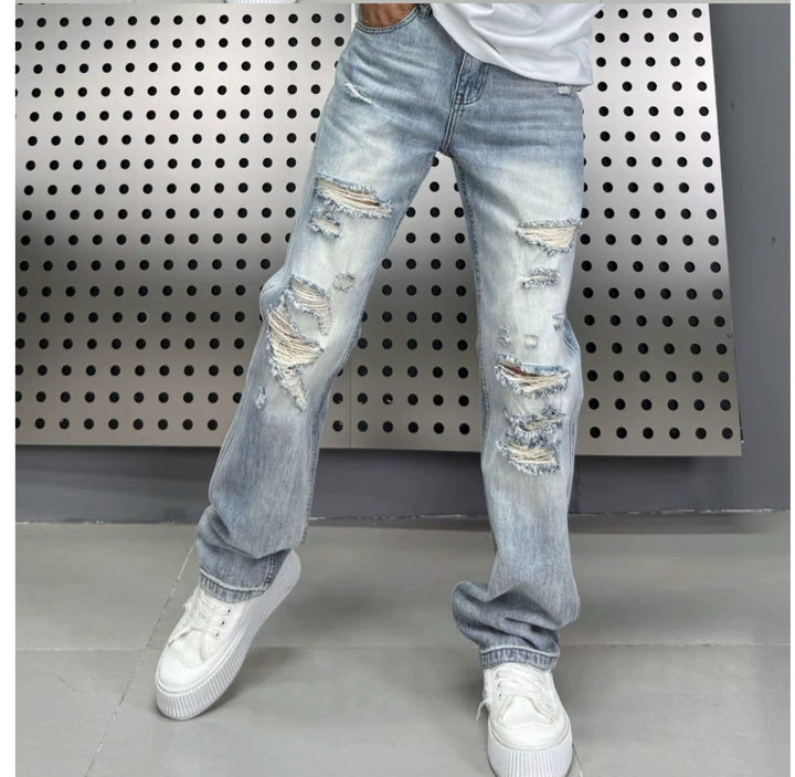 Fumei Personalized Perforated Design Denim Casual Versatile High Street Straight Leg Pants