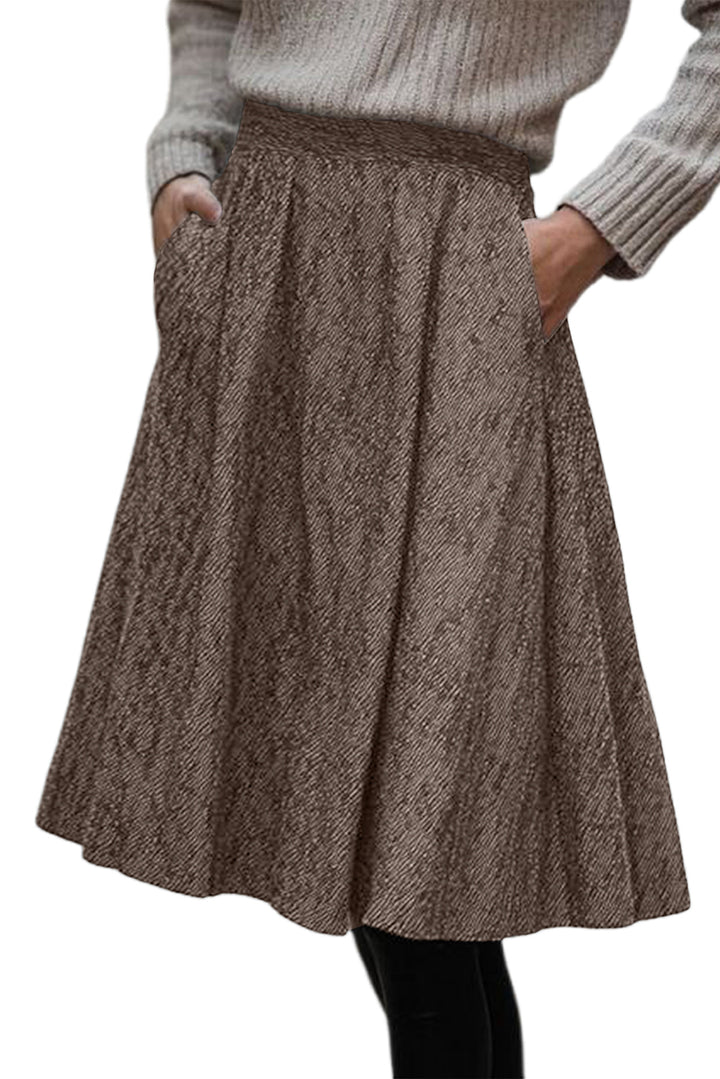 Brown Solid Color Textured Pleated Midi Skirt