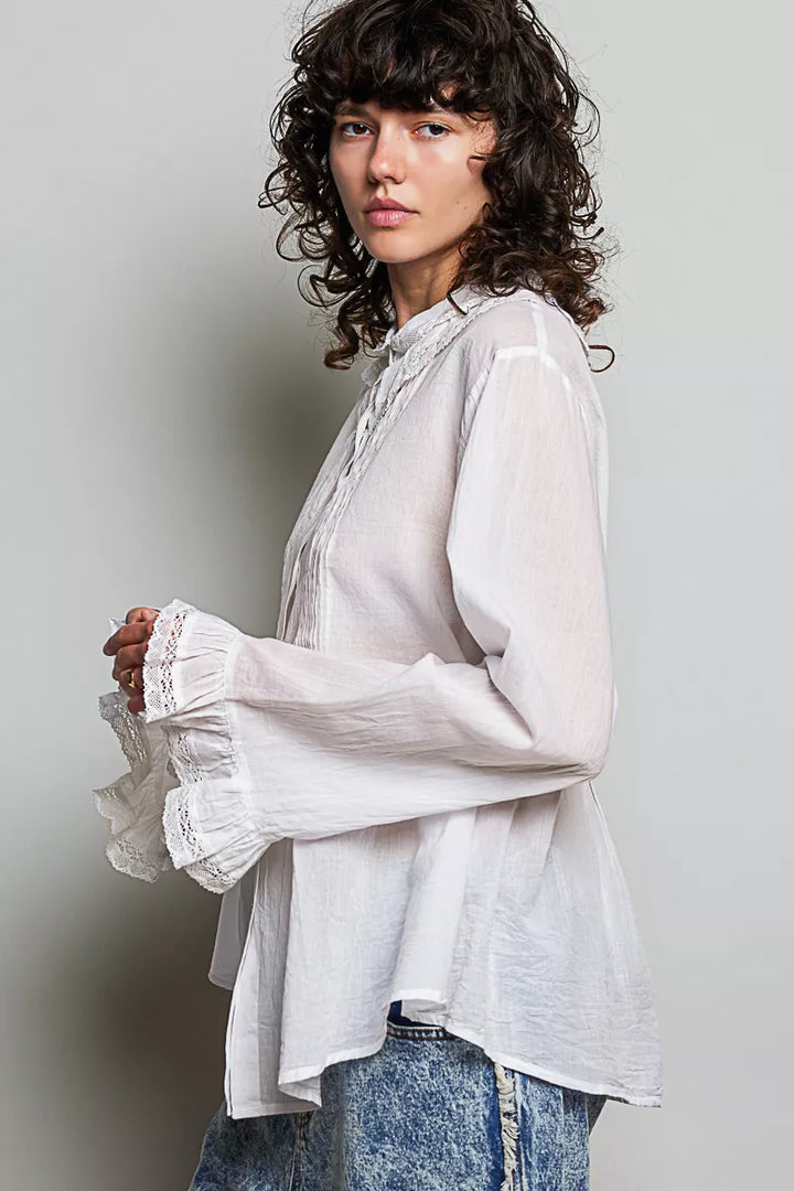 POL Woven Lace Trim Pintuck Button-Down Shirt