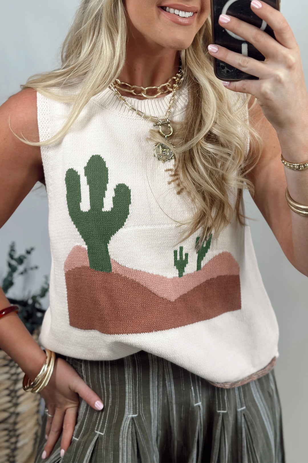 Multicolour Cactus Western Oasis Loose Sweater Vest