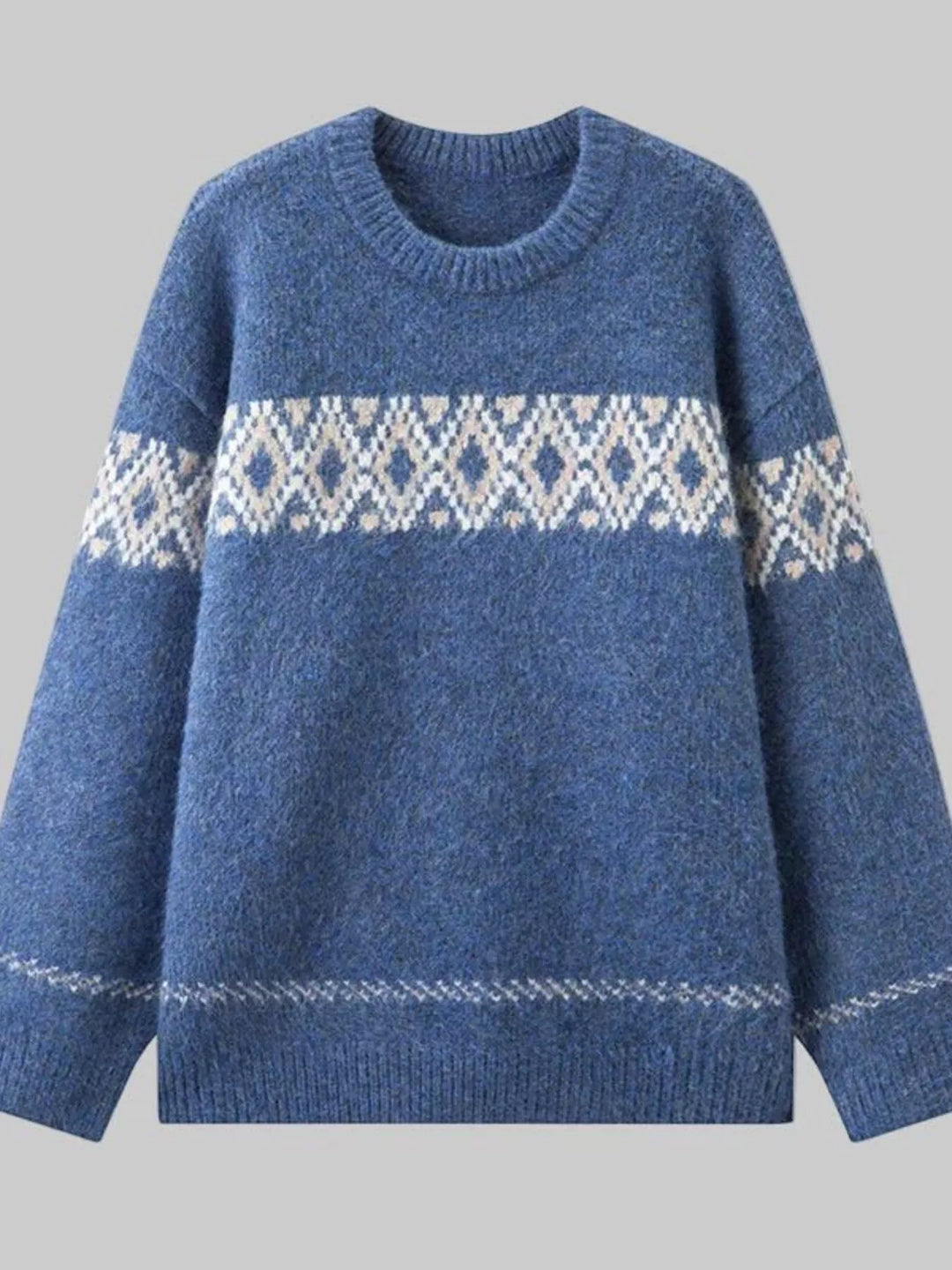 Full Size Vintage Patterned Round Neck Sweater Plus Size