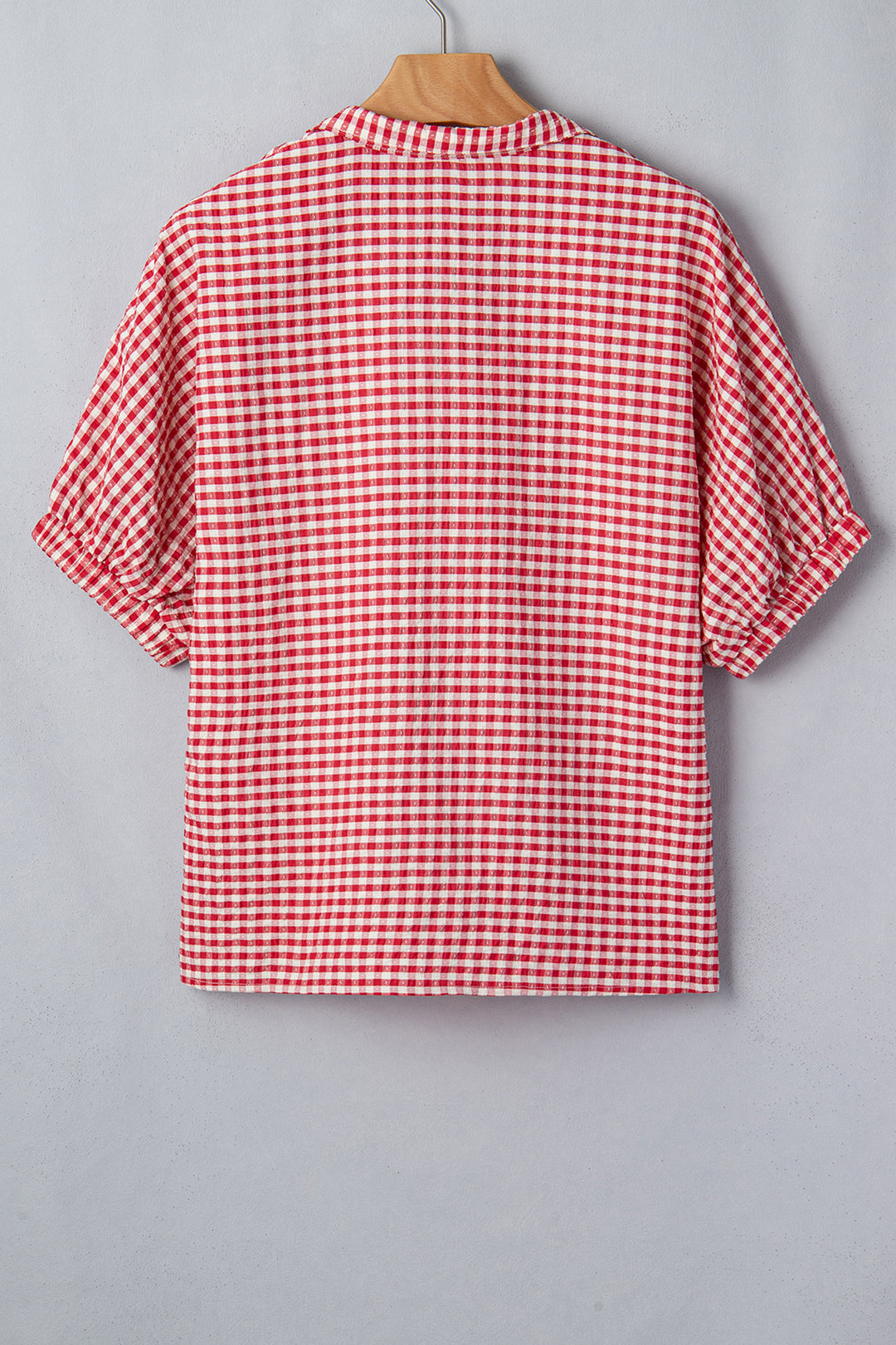 Red Plaid Short Sleeve Colorblock Trim Split Neck Blouse