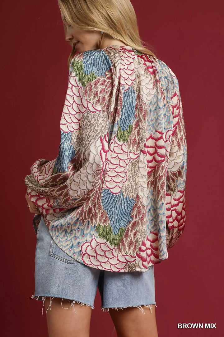Umgee Boho Feather Print Peasant Blouse