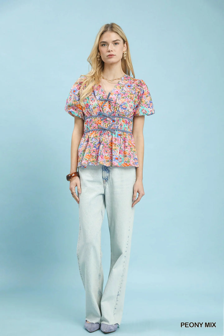 Umgee Mix Floral Smocked Waist Blouse
