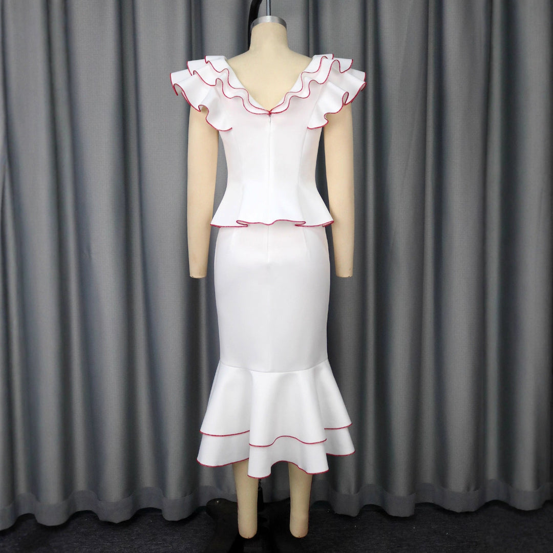 Women's Ruffled Contrast Color Top Temperament Slim Fishtail Skirt Suit
