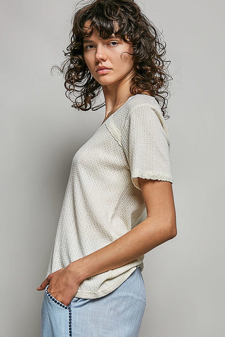 POL Lace Detail V-Neck Short Sleeve Textured T-Shirt