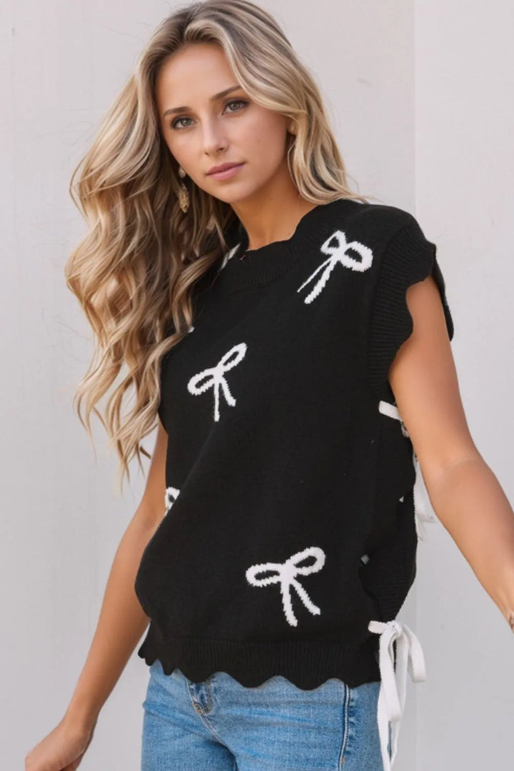 Bow Side Ties Scalloped Hem Cap Sleeve Sweater