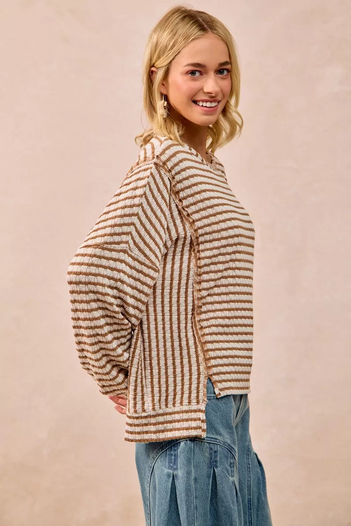 BiBi Open Seam Detail Textured Stripe Knit Top