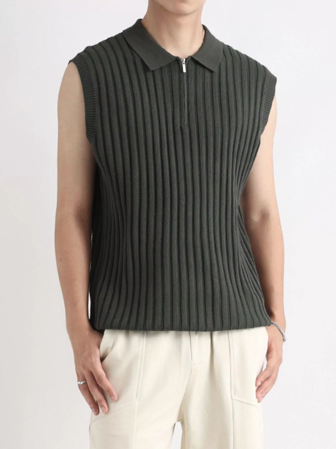 Men's Plus Size Ribbed Knit Zip-Up Tank