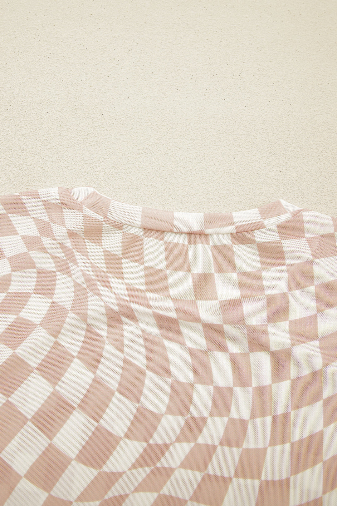 Khaki Checkered Print Mock Neck Mesh T Shirt