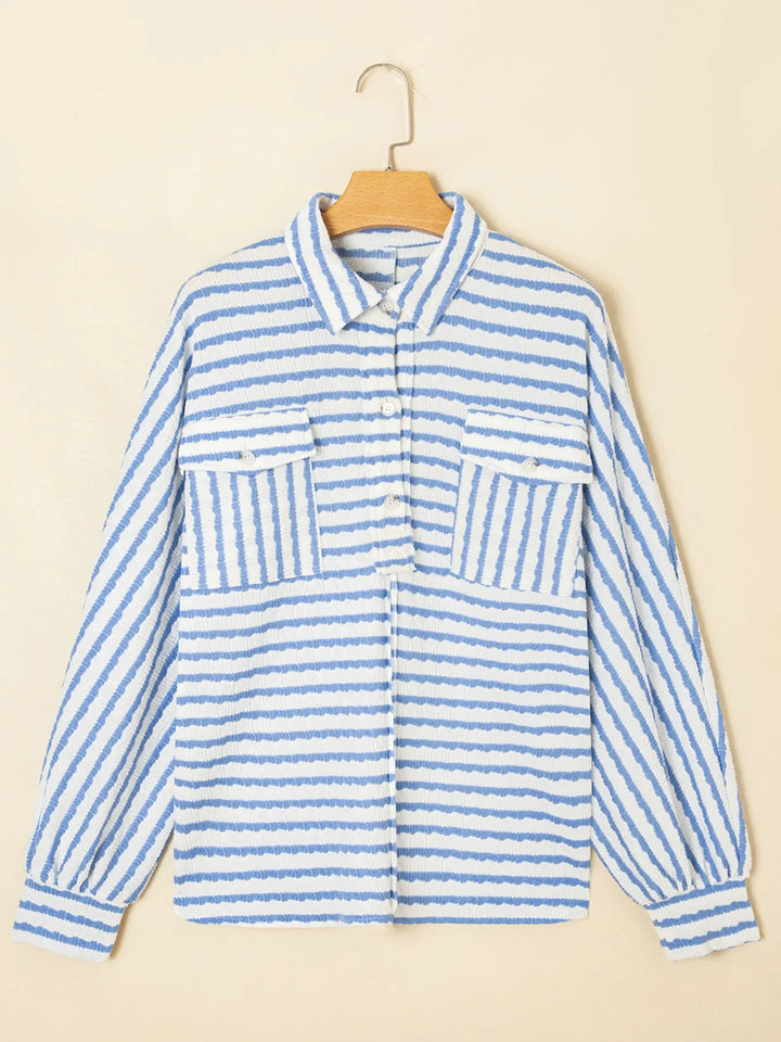 Stripe Half Button Collared Chest Pockets Loose Fit Blouse